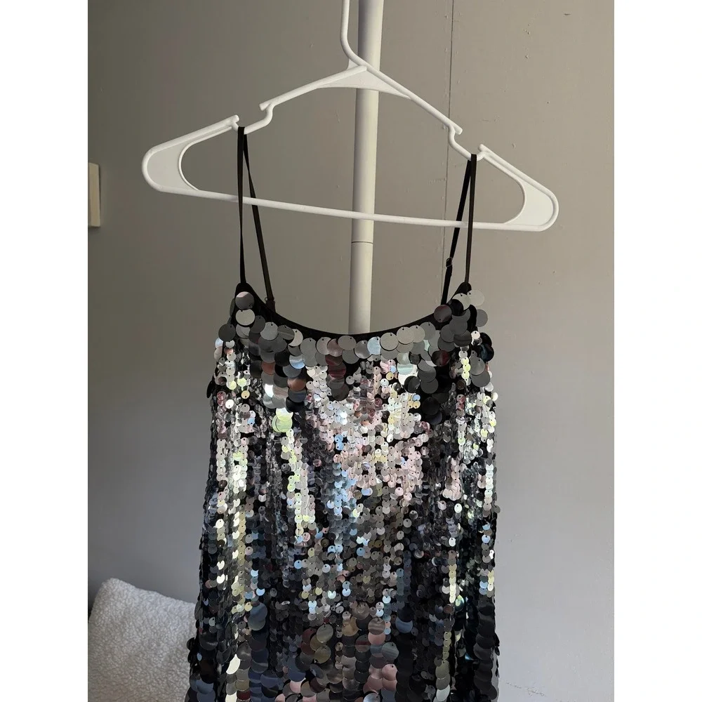 $290 NWT Avec Les Filles Sequin Midi Dress Silver Black Adjustable Straps Slit